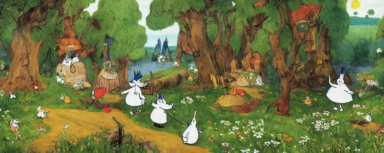 Prompt: the moomins in moominvalley, bosch painting, very detailed!, high quality, 4 k