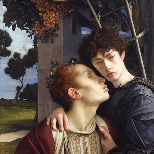 Prompt: eternal farewell of the intelligent and handsome young man Edgar Maxence and Caravaggio and Michael Whelan and Caravaggio artistic, intricate drawing, light brazen, realistic fantasy, extremely detailed and beautiful aesthetic face, establishing shot, 8k resolution, dramatic lighting man