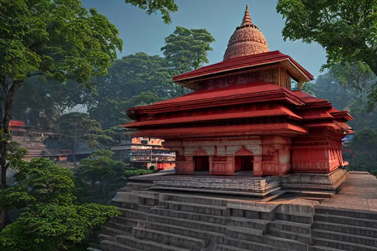 Prompt: beautiful kamakhya temple, Guwahati, Hindu archiitecture, Vue 3d render, v-ray, unreal engine, HDR cinematic lighting, wide angle shot, 8K textures, high resolution, a lot of details