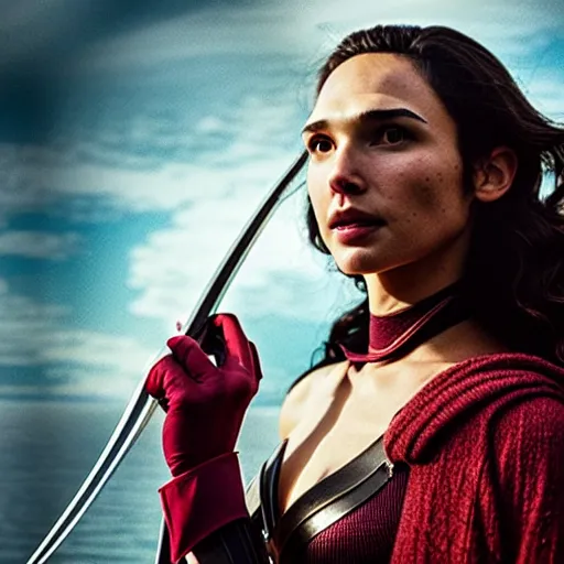 Image similar to a still from “ lord of the rings ” of a 3 5 mm photo portrait of gal gadot as a female red - skinned, flying, winged tiefling warlock, photo by phil noto