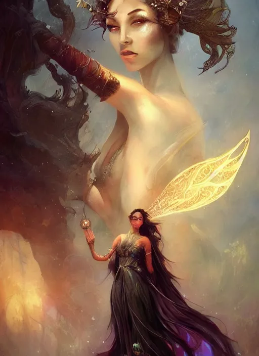 Prompt: tarot!!, fairy queen, fantasy medieval, no noise, elegant, concept art, sharp focus, beautiful face!!, digital art, smooth defined outlines!!, by Brom, Guangjian Huang, trending on Artstation, Tom Bagshaw, Sargent