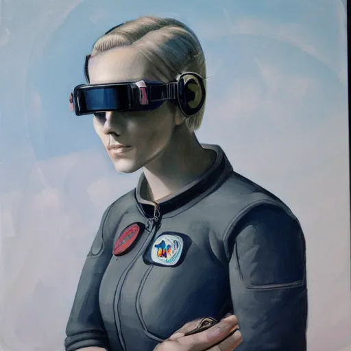 Image similar to square - jawed emotionless serious blonde woman starship engineer, tribal tattoos, handsome, short slicked - back hair, sweating, uncomfortable and anxious, looking distracted and awkward, wearing victorian dark goggles, flight suit and gloves, small spacecraft in background, highly detailed, oil painting