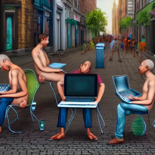 Image similar to a group of realistic bums using laptops near on street, highly detailed, intricate, sharp focus, digital art, 8 k