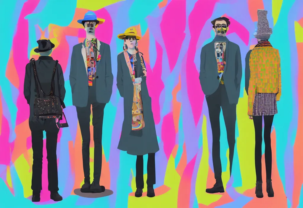 Image similar to full body portrait of a trio of young fashionable european tourists long pattern coat travel apparel, with nikon cameras, sightseeing various poses shooting photos, character designs painting, in the style of wes anderson, rene magritte, lola dupre, david hockney, isolated on white background, dark monochrome neon spraypaint accents volumetric octane render