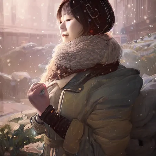 Image similar to the portrait a beautiful grocery young asia woman in down jacket, with a goosethe background is dust earth road ， river winter an snow, illustration by wenjun lin, irakli nadar, bright colors, octopath traveler, wenjun lin, unreal engine 5 highly rendered, global illumination, radiant light, detailed and intricate environment