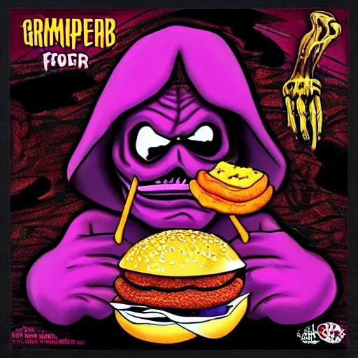 Image similar to grimace reaper, blood and nuggets fast food death metal album cover