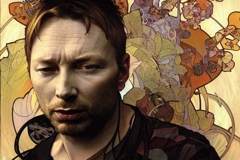 Prompt: hyper realistic portrait of singer songwriter, by lee bermejo, alphonse mucha and greg rutkowski, thom yorke