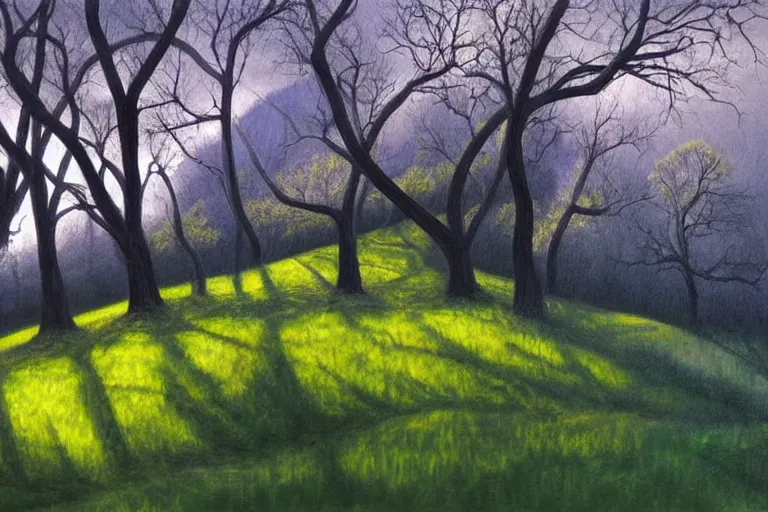 Prompt: masterpiece painting of oak trees on a hillside overlooking a creek, dramatic lighting, by april gornik