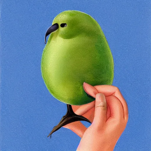 Image similar to cute kiwi bird holding a kiwi fruit, concept art, illustrated, highly detailed, high quality, bright colors, optimistic,