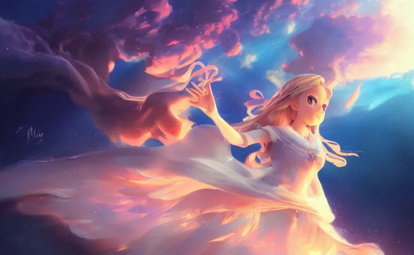 Image similar to Princess rosalina, anime painting, 3d render, hyper realistic, dramatic lighting, the sky is a nebula on fire, 8k hdr pixiv dslr photo by Makoto Shinkai ilya kuvshinov and Wojtek Fus, digital art, concept art,