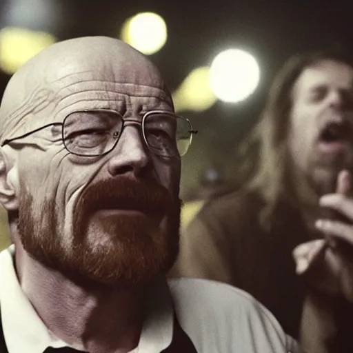 Image similar to Walter white singing at a death metal concert