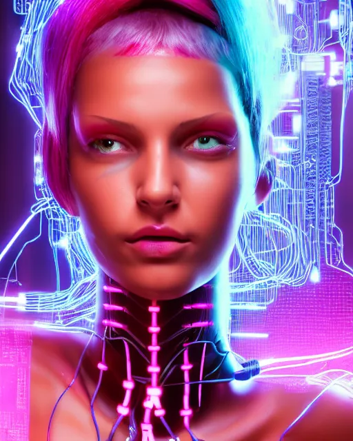 Prompt: portrait of a beautiful tanned woman with pink hair as a cyberpunk cyborg half robot, revealing wires and electronics, hooked - up, sci - fi, missing panels, intricate abstract upper body intricate artwork, concept art, octane render, deviantart, cinematic, key art, hyperrealism, iridescent accents, portrait photograph, nikon 3 5 mm, photograph by greg rutkowski