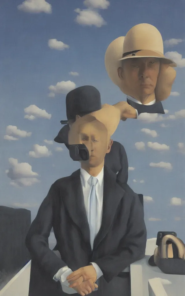 Prompt: the human vondition, realistic painting, 4k, in the style of rene magritte