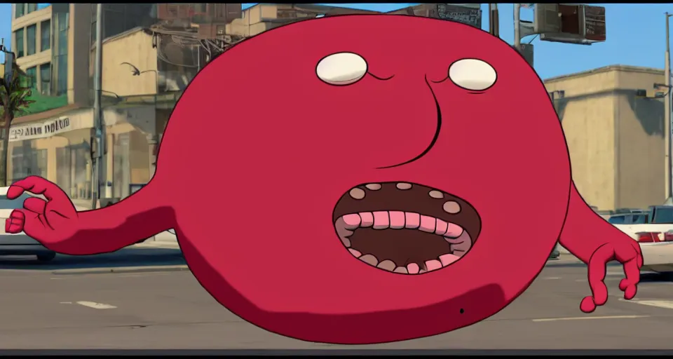 Prompt: Screenshot of a 3d version of a 3d Meatwad from Aqua Teen Hunger Force as a 3d NPC in the realistic 3d videogame 'Grand Theft Auto V' (2013). Sharpened. 1080p. High-res. Ultra graphical settings.