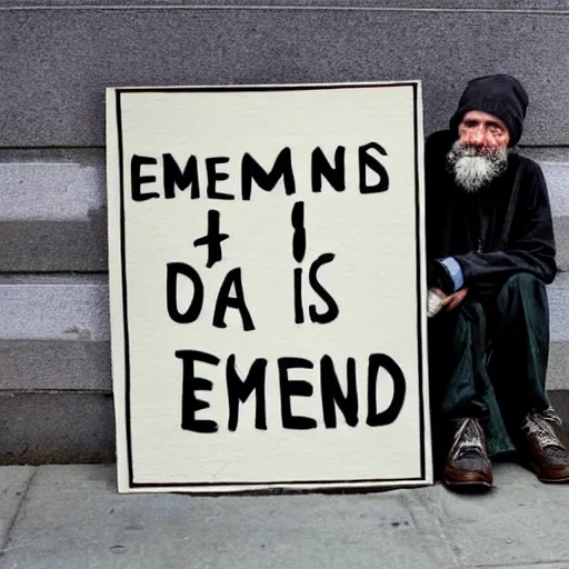 Image similar to a painting of a homeless man with a beard on the street with a sign that says 'The End is Near'