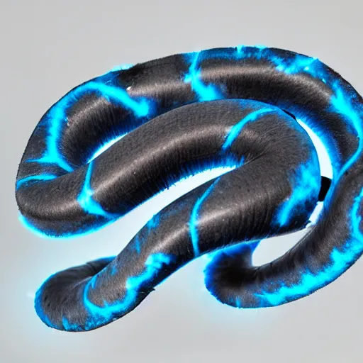 Image similar to studio photograph of a matte dark gray worm with a neon blue head and tail