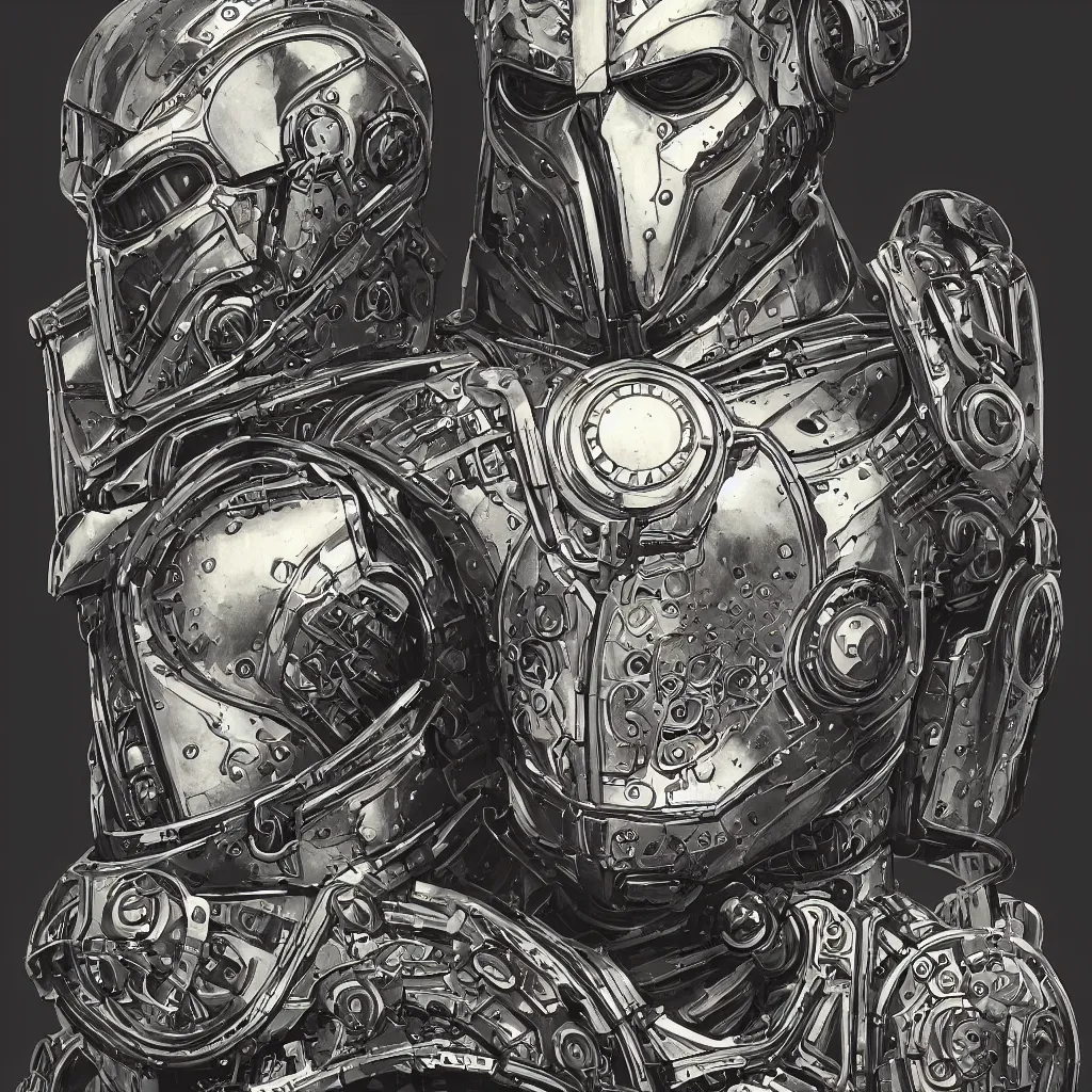 Image similar to hyperrealistic art nouveau bust portrait of Doctor Doom in shining mechanical armor by Kyle Hotz and Michael Golden, with rich atmospheric colors, 8k, sinister ambience, perfect comic illustration, accurate symmetrical anatomy and details, metallic art nouveau border designs, precise machinery, perfect symmetry, futuristic, medieval, dystopian, Blade Runner, Bernie Wrightston
