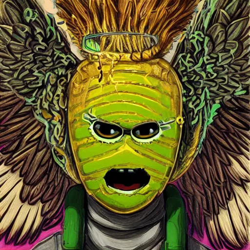 Prompt: a tennis ball monster with angel halo and wings, golden chain necklace, balaclava, tennis ball, urban, hip hop, rap, colorful, digital art, fantasy, magic, trending on artstation, ultra detailed, professional illustration by Basil Gogos