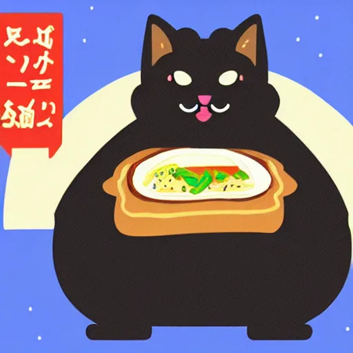 Image similar to obese cat sitting next to a slice of toast with indomie mi goreng noodles on top, traditional artstyle