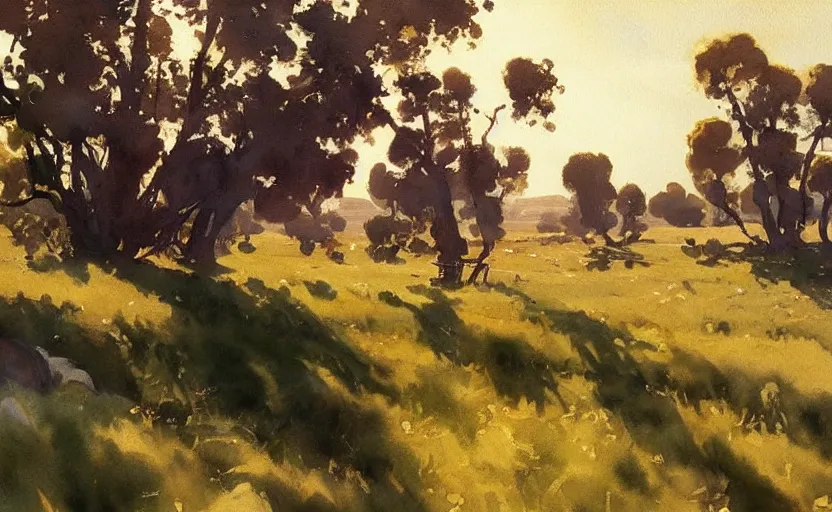 Image similar to california style watercolor painting of scandinavian meadow, plains, very beautiful ambient lighting, sun rays, dust, art by john singer sargent, by anders zorn, wonderful masterpiece by greg rutkowski, cinematic light, american romanticism by greg manchess, creation by tyler edlin
