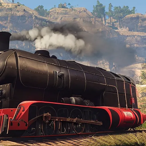 Image similar to futuristic sleek steam locomotive in red dead redemption 2