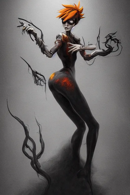 Image similar to dark full body painting of tracer from overwatch, in style of zdzisław beksinski, scary, horror, 4 k, feminine facial features, overwatch tracer character, horror, body horror, disturbing, detailed face, dressed in dark garment, black tendrils, tall, long legs,