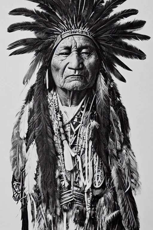 Image similar to “Native American indian, chief sitting bull, portrait, wearing headdress with feathers, pain and sadness on his face, drawn with charcoal pencil, ancient”