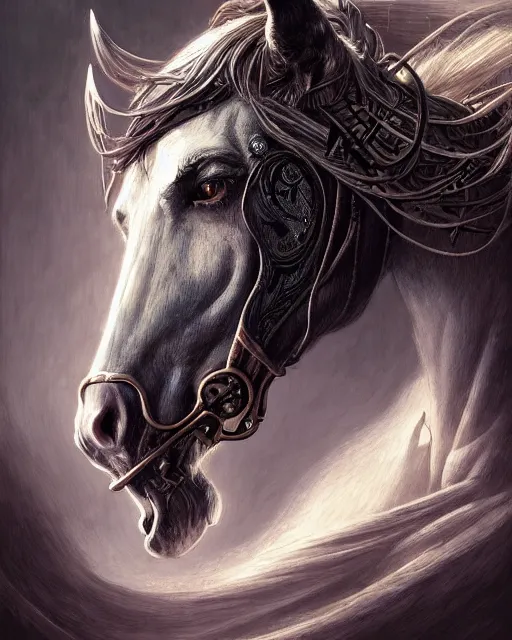 Prompt: horse art by giger, deep focus, d & d, dark fantasy, intricate glow accents, elegant, highly detailed, digital painting, artstation, concept art, matte, sharp focus, 8 k 3 d, hearthstone, art by artgerm and greg rutkowski and alphonse mucha