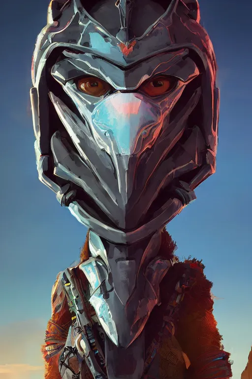 Image similar to combination suit armor aloy horizon forbidden west horizon zero dawn radiating a glowing aura global illumination ray tracing hdr fanart arstation by ian pesty and alena aenami artworks in 4 k tribal robot ninja mask helmet backpack