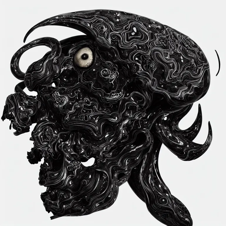 Image similar to black background. absolutely symmetrical sculpture. centered. goddess princess face close-up portrait ram skull. sculpture made of gold and black charcoal. jellyfish phoenix head, nautilus, orchid, skull, betta fish, bioluminiscent creatures, intricate artwork by Tooth Wu and wlop and beeple. octane render, trending on artstation, greg rutkowski very coherent symmetrical artwork. cinematic, hyper realism, high detail, octane render, 8k