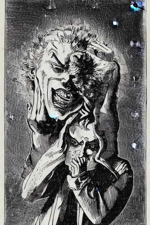 Prompt: 1 9 th century wood - engraving of a ecstatic man named dio brando holding a stone mask over his head, whole page illustration from jules verne book titled phantom blood, art by edouard riou jules ferat and henri de montaut, high quality, beautiful, highly detailed, removed watermarks