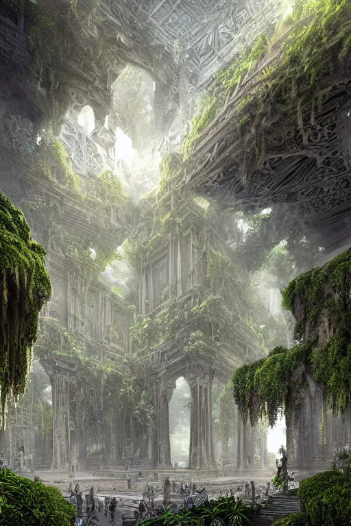 Image similar to ancient fractal temple megastructure in the hanging gardens of a radiant cathedral, overgrown garden,, scanned earth terrain bridges, erosion algorithm landscape, by albert bierdstat, by glenn small, high fantasy, high resolution, photorealism, populated by luminous beings, god rays in volumes of fog, looking up perspective