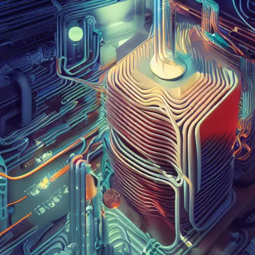 Image similar to an immaculate octane redshift render of the nexus between a vast modern computing center and an alchemist\'s lab with exposed circuit boards, nixie tubes and tesla coils by Zdzisław Beksiński and beeple, beautiful modern colors, ultradetailed, 4k ultra