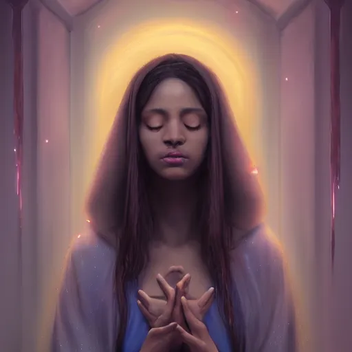 Image similar to Masterpiece! portrait of an aesthetic beautiful! realistic black haired priestess, 30 years old woman, praying, with tears, soft cinematic light, digital painting by WLOP, atmospheric effects, fireflies, 4K, octane render, artstation, deviantart, closer view, dark purple blue tones