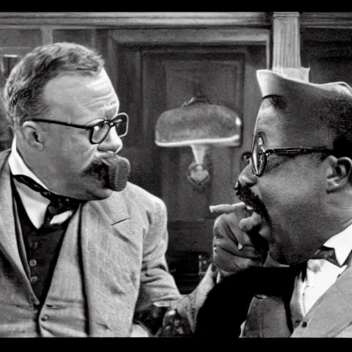 Image similar to cinematic shot of teddy roosevelt and urkel in the bar, yelling at each other