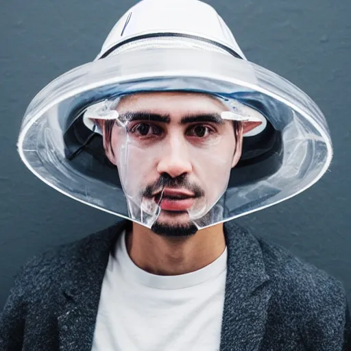 Image similar to photo of a man wearing a transparent bucket on his head