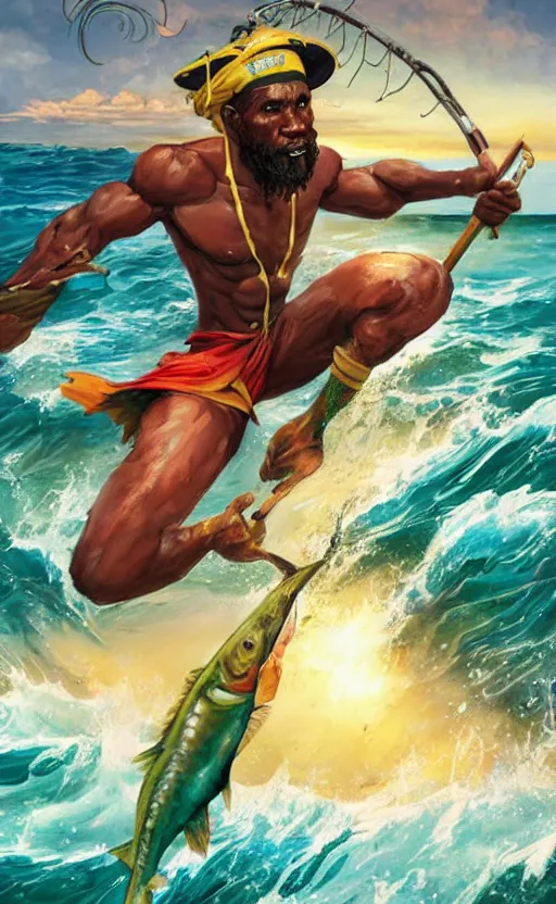 Image similar to character concept of a singular Jamaican fisherman posing in a battle stance in the Jamaican sea, colors of Jamaica, by Ross Tran and Artgerm and Peter Mohrbacher