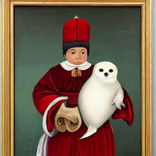 Image similar to portrait of a anthropomorphic baby harp seal dressed as an italian king, oil painting by sandra bottecelli