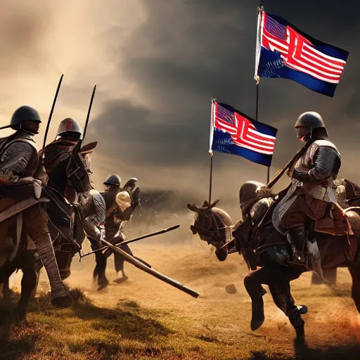 Image similar to Photo of a middle age era war, 8k, dramatic lighting, ultra-realistic, flags