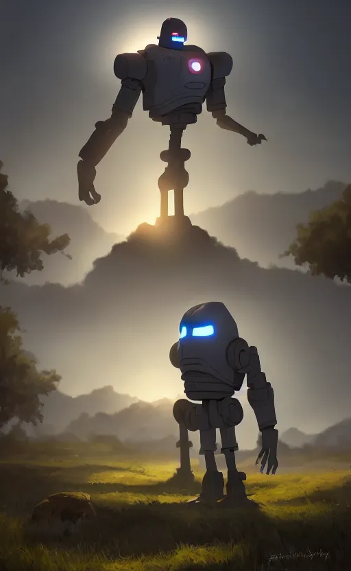 Image similar to iron giant standing near his farm, dynamic lighting, photorealistic fantasy concept art, trending on art station, stunning visuals, creative, cinematic, ultra detailed