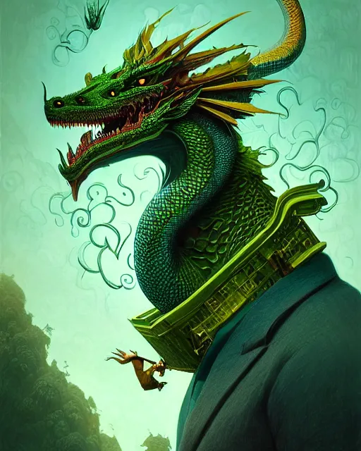 Image similar to anthropomorphic art of a businessman dragon, green dragon, portrait, victorian inspired clothing by artgerm, victo ngai, ryohei hase, artstation. fractal papers and books. highly detailed digital painting, smooth, global illumination, fantasy art by greg rutkowsky, karl spitzweg