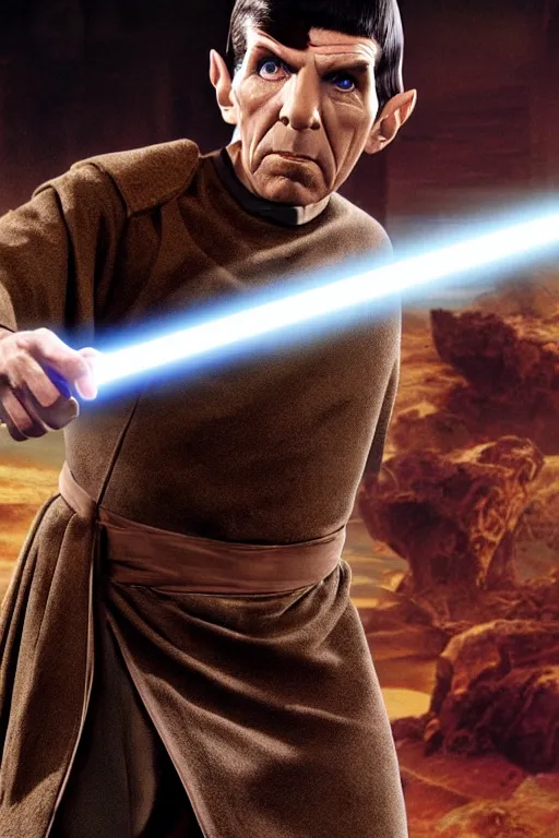 Prompt: photorealistic!! mr spock as a jedi knight, brown jedi robe, using the force, film quality