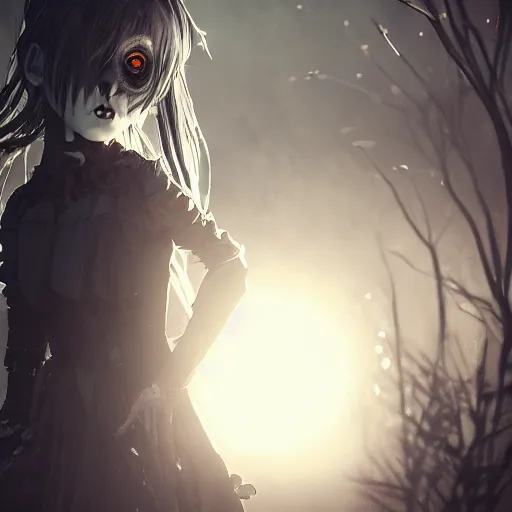 Image similar to full shot of angry darkness cute anime girl at moonlight, gothic wearing, inspired by Tim Burton, Norihiro Yagi, Marc Simonetti, Amano, Juri Misaki, detailed, unreal engine 4k volumetric light, fog,