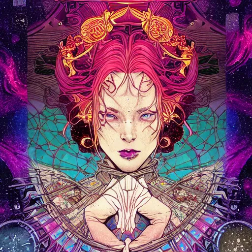 Image similar to the empress by travis charest and laurie greasley, yoshitaka amano, hiroshi yoshida, cosmic energy by Kelly McKernan, detailed, kaleidoscope, psychedelic, cosmic energy by Kelly McKernan, yoshitaka amano, hiroshi yoshida, moebius, artgerm, cool tone pastel rainbow colors, inspired by dnd, iridescent aesthetic, centered symmetrical and detailed