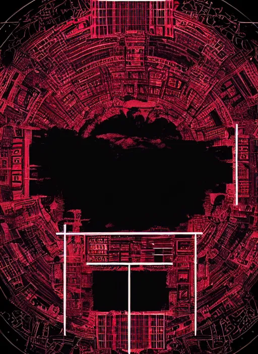 Image similar to dark design poster showing a majestic roman city, black background with very subtle red and purple design elements, powerful, nekro, vito acconci, thin straight lines, dark, glitch art, neo vaporwave, gritty, layout frame, square, trending on artstation