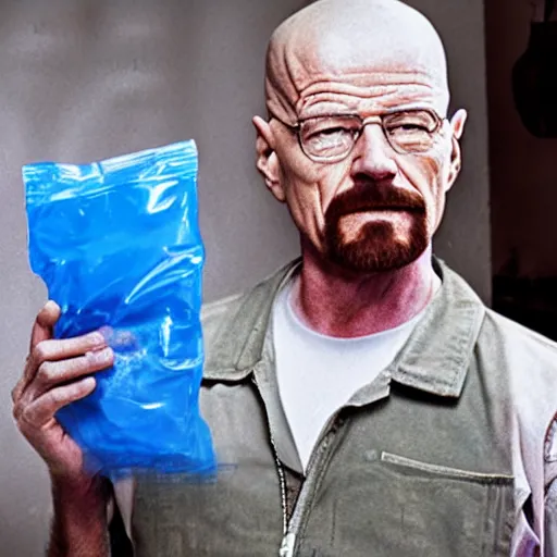 Prompt: walter white holding a ziplock full of blue meth at a favela, photo, 4k, photorealistic, hd