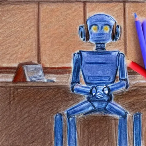 Image similar to humanoid robot testifying on stand in courtroom, courtroom sketch, messy color pencil sketch, droid