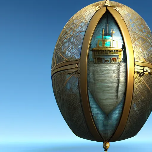 Image similar to enormous flying city in a faberge egg, sky, steampunk, fantasy art, unreal engine,