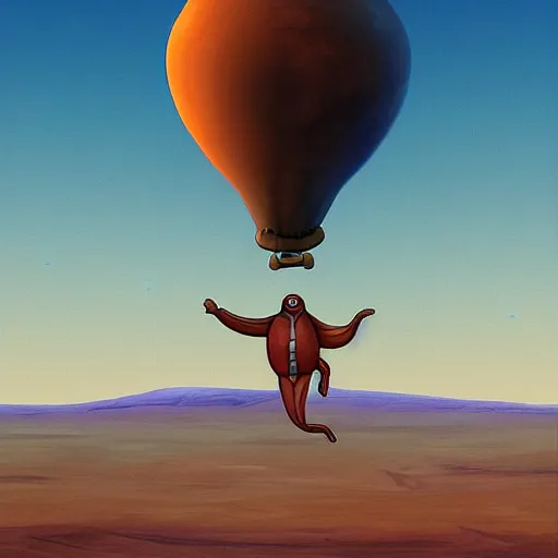 Prompt: a hybrid of an extraterrestrial with a monkey, landing in mars in a multi color hot air balon, by francis bancon