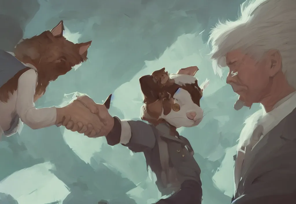 Image similar to portrait of joe biden shaking hand with a cute catgirl, epic debates, presidental elections candidates, cnn, fox news, fantasy, by atey ghailan, by greg rutkowski, by greg tocchini, by james gilleard, by joe gb fenton, dynamic lighting, gradient light green, brown, blonde cream, salad and white colors in scheme, grunge aesthetic